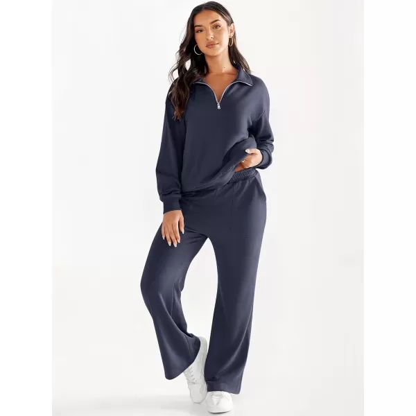 imageANRABESS Women 2 Piece Outfits Half Zip Sweatshirt amp Wide Leg Pants Sweatsuit Lounge Set 2023 Fall Tracksuits with PocketsDeep Blue