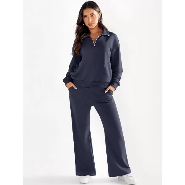 imageANRABESS Women 2 Piece Outfits Half Zip Sweatshirt amp Wide Leg Pants Sweatsuit Lounge Set 2023 Fall Tracksuits with PocketsDeep Blue
