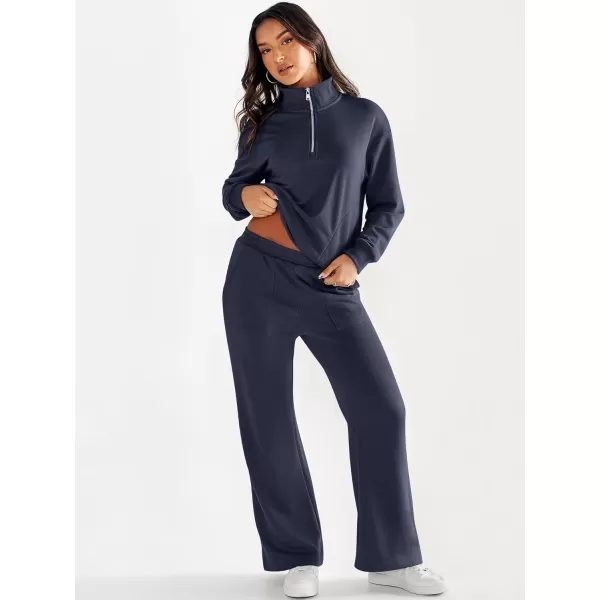 imageANRABESS Women 2 Piece Outfits Half Zip Sweatshirt amp Wide Leg Pants Sweatsuit Lounge Set 2023 Fall Tracksuits with PocketsDeep Blue