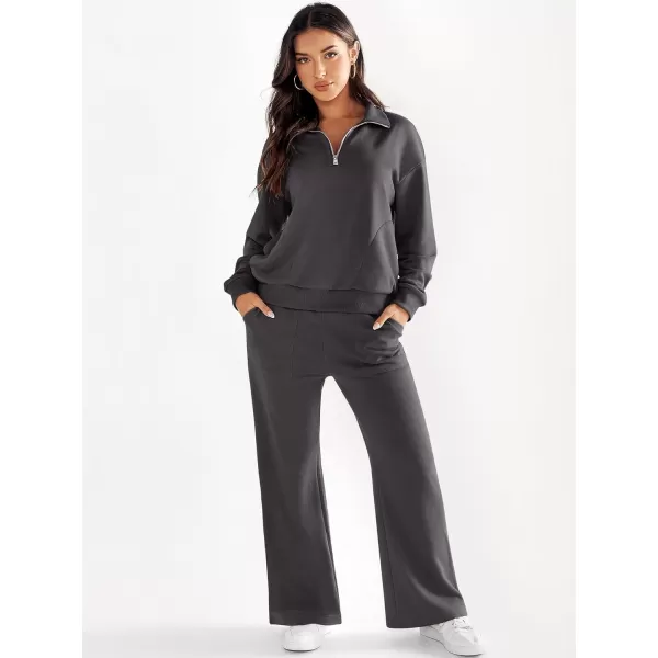 imageANRABESS Women 2 Piece Outfits Half Zip Sweatshirt amp Wide Leg Pants Sweatsuit Lounge Set 2023 Fall Tracksuits with PocketsGray