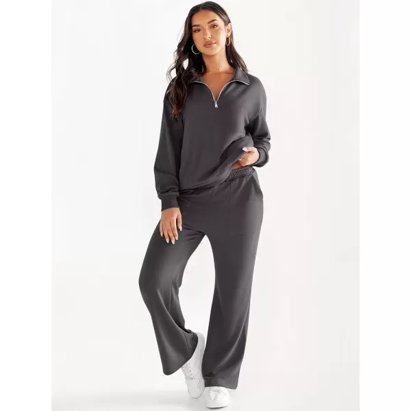 imageANRABESS Women 2 Piece Outfits Half Zip Sweatshirt amp Wide Leg Pants Sweatsuit Lounge Set 2023 Fall Tracksuits with PocketsGray