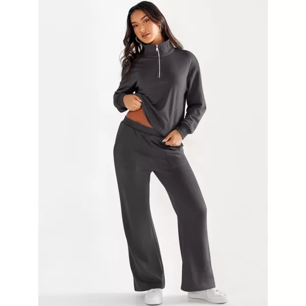 imageANRABESS Women 2 Piece Outfits Half Zip Sweatshirt amp Wide Leg Pants Sweatsuit Lounge Set 2023 Fall Tracksuits with PocketsGray