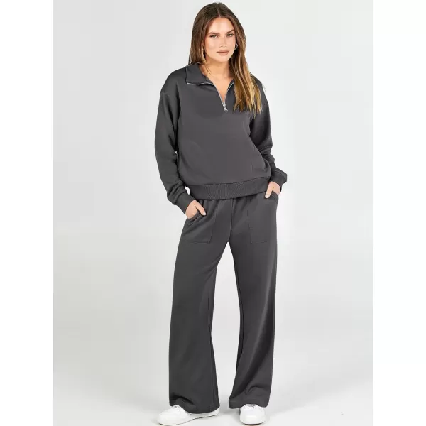 imageANRABESS Women 2 Piece Outfits Half Zip Sweatshirt amp Wide Leg Pants Sweatsuit Lounge Set 2023 Fall Tracksuits with PocketsGray