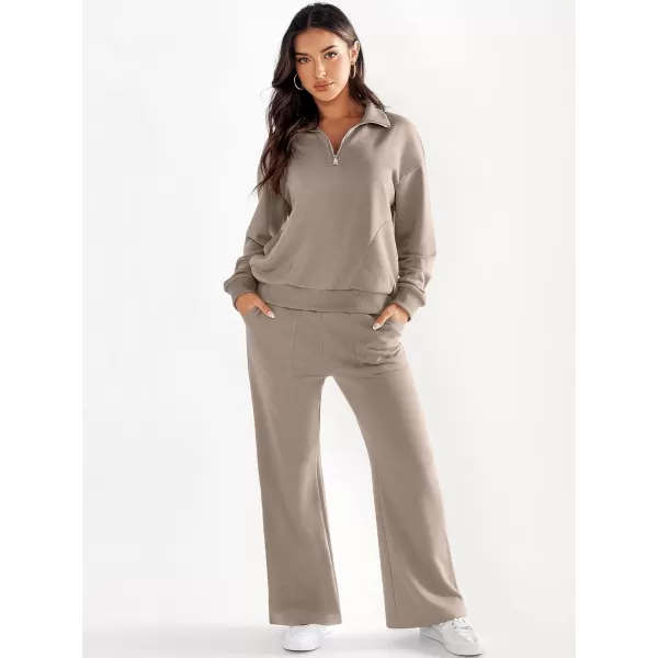 imageANRABESS Women 2 Piece Outfits Half Zip Sweatshirt amp Wide Leg Pants Sweatsuit Lounge Set 2023 Fall Tracksuits with PocketsKhaki