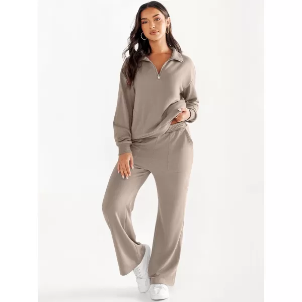 imageANRABESS Women 2 Piece Outfits Half Zip Sweatshirt amp Wide Leg Pants Sweatsuit Lounge Set 2023 Fall Tracksuits with PocketsKhaki
