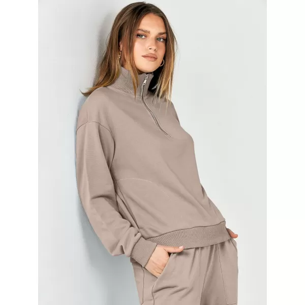 imageANRABESS Women 2 Piece Outfits Half Zip Sweatshirt amp Wide Leg Pants Sweatsuit Lounge Set 2023 Fall Tracksuits with PocketsKhaki