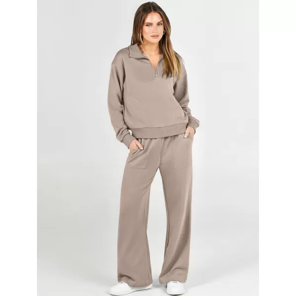 imageANRABESS Women 2 Piece Outfits Half Zip Sweatshirt amp Wide Leg Pants Sweatsuit Lounge Set 2023 Fall Tracksuits with PocketsKhaki