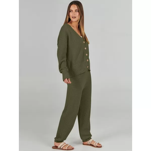 imageANRABESS Women 2 Piece Outfits Long Sleeve Cardigan Sweater Sets Casual Lounge Matching Clothes SetArmy Green