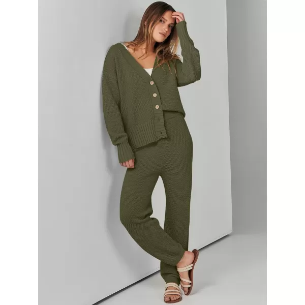 imageANRABESS Women 2 Piece Outfits Long Sleeve Cardigan Sweater Sets Casual Lounge Matching Clothes SetArmy Green