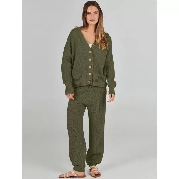 imageANRABESS Women 2 Piece Outfits Long Sleeve Cardigan Sweater Sets Casual Lounge Matching Clothes SetArmy Green