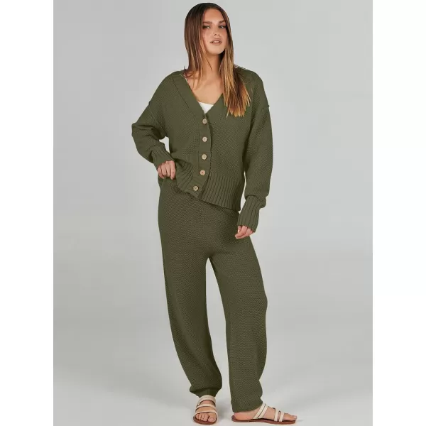 imageANRABESS Women 2 Piece Outfits Long Sleeve Cardigan Sweater Sets Casual Lounge Matching Clothes SetArmy Green