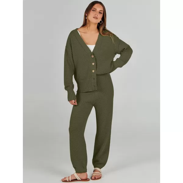 imageANRABESS Women 2 Piece Outfits Long Sleeve Cardigan Sweater Sets Casual Lounge Matching Clothes SetArmy Green