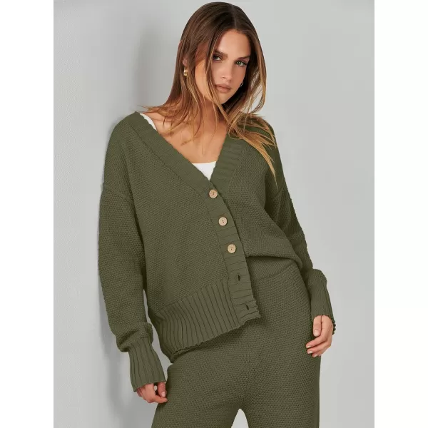 imageANRABESS Women 2 Piece Outfits Long Sleeve Cardigan Sweater Sets Casual Lounge Matching Clothes SetArmy Green