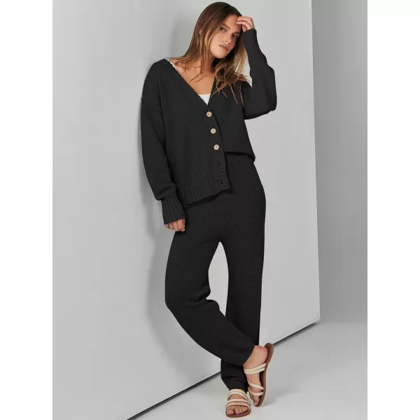 imageANRABESS Women 2 Piece Outfits Long Sleeve Cardigan Sweater Sets Casual Lounge Matching Clothes SetBlack
