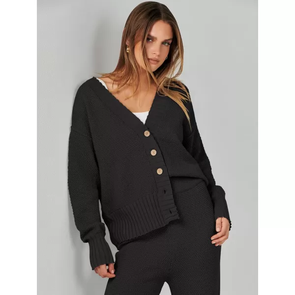 imageANRABESS Women 2 Piece Outfits Long Sleeve Cardigan Sweater Sets Casual Lounge Matching Clothes SetBlack