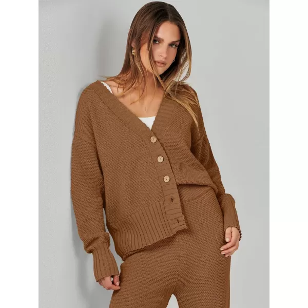 imageANRABESS Women 2 Piece Outfits Long Sleeve Cardigan Sweater Sets Casual Lounge Matching Clothes SetBrown