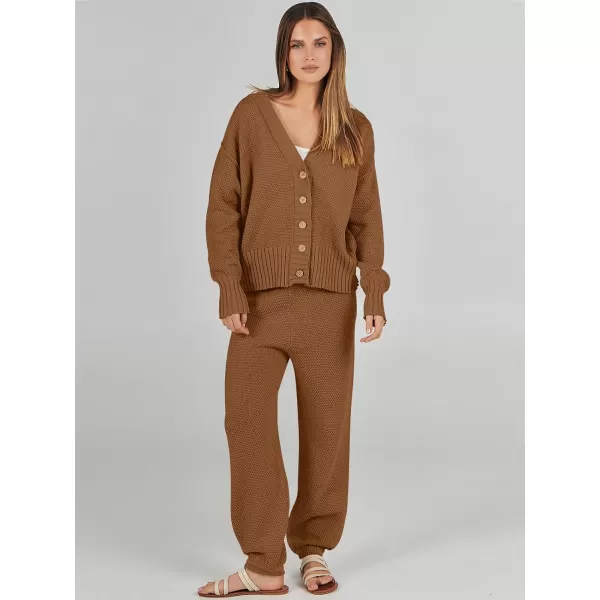 imageANRABESS Women 2 Piece Outfits Long Sleeve Cardigan Sweater Sets Casual Lounge Matching Clothes SetBrown