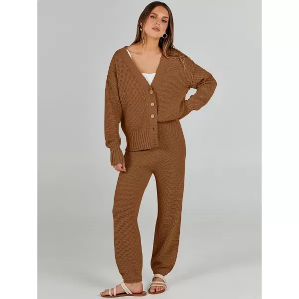 imageANRABESS Women 2 Piece Outfits Long Sleeve Cardigan Sweater Sets Casual Lounge Matching Clothes SetBrown