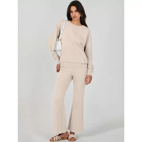 imageANRABESS Women 2 Piece Outfits Lounge Set Long Sleeve Sweatshirt With Pocket Wide Leg Pants matching Sets TracksuitApricot