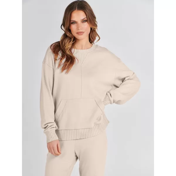 imageANRABESS Women 2 Piece Outfits Lounge Set Long Sleeve Sweatshirt With Pocket Wide Leg Pants matching Sets TracksuitApricot