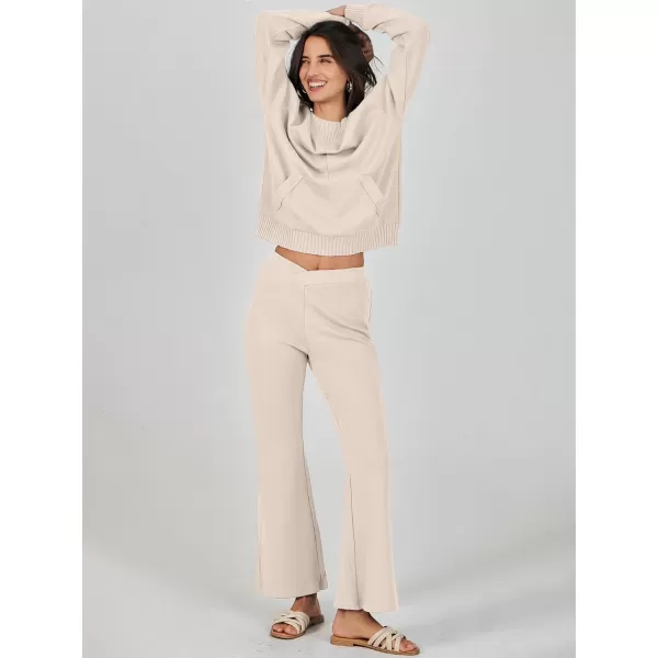 imageANRABESS Women 2 Piece Outfits Lounge Set Long Sleeve Sweatshirt With Pocket Wide Leg Pants matching Sets TracksuitApricot