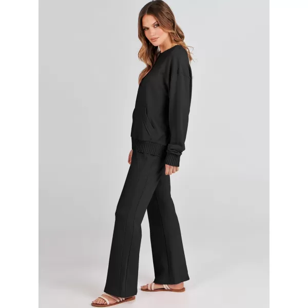 imageANRABESS Women 2 Piece Outfits Lounge Set Long Sleeve Sweatshirt With Pocket Wide Leg Pants matching Sets TracksuitBlack