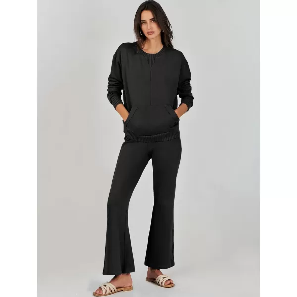imageANRABESS Women 2 Piece Outfits Lounge Set Long Sleeve Sweatshirt With Pocket Wide Leg Pants matching Sets TracksuitBlack