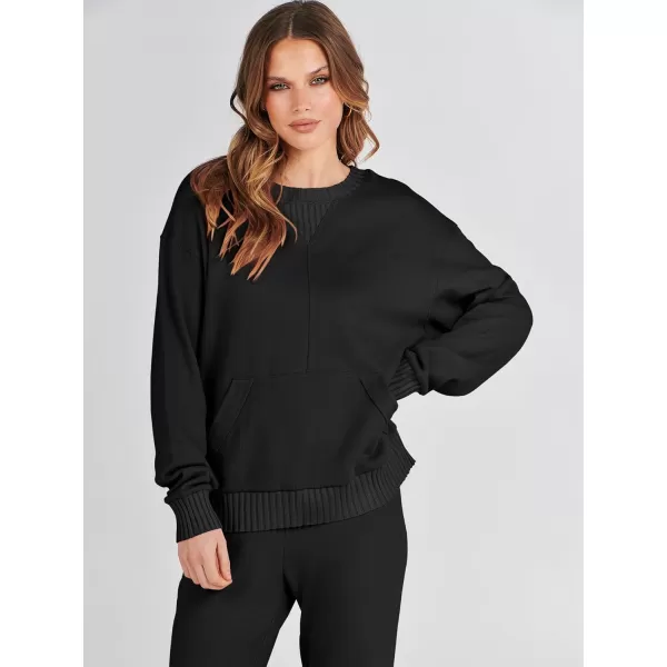 imageANRABESS Women 2 Piece Outfits Lounge Set Long Sleeve Sweatshirt With Pocket Wide Leg Pants matching Sets TracksuitBlack
