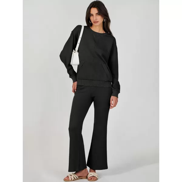 imageANRABESS Women 2 Piece Outfits Lounge Set Long Sleeve Sweatshirt With Pocket Wide Leg Pants matching Sets TracksuitBlack