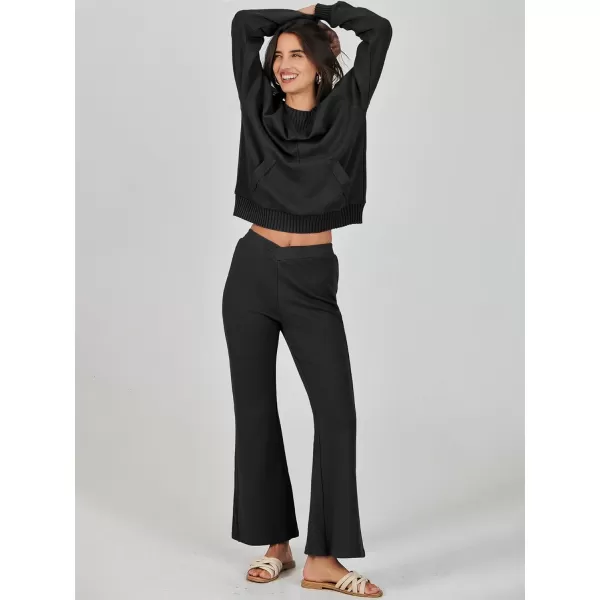 imageANRABESS Women 2 Piece Outfits Lounge Set Long Sleeve Sweatshirt With Pocket Wide Leg Pants matching Sets TracksuitBlack