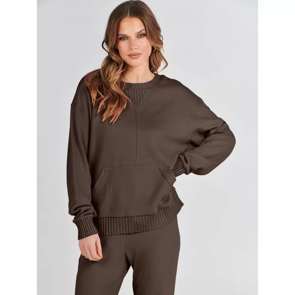 imageANRABESS Women 2 Piece Outfits Lounge Set Long Sleeve Sweatshirt With Pocket Wide Leg Pants matching Sets TracksuitCoffee