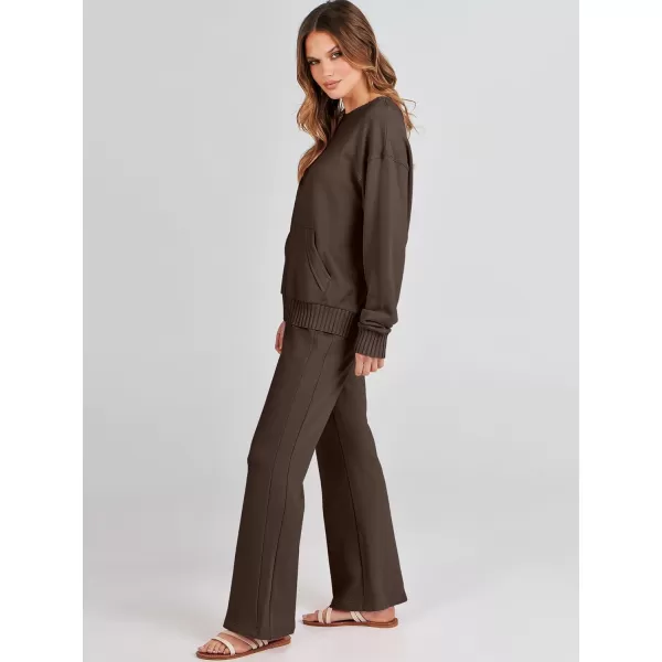 imageANRABESS Women 2 Piece Outfits Lounge Set Long Sleeve Sweatshirt With Pocket Wide Leg Pants matching Sets TracksuitCoffee