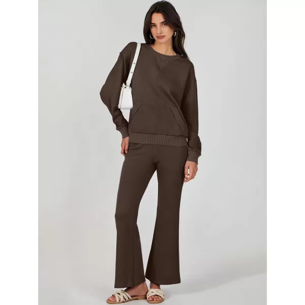 imageANRABESS Women 2 Piece Outfits Lounge Set Long Sleeve Sweatshirt With Pocket Wide Leg Pants matching Sets TracksuitCoffee