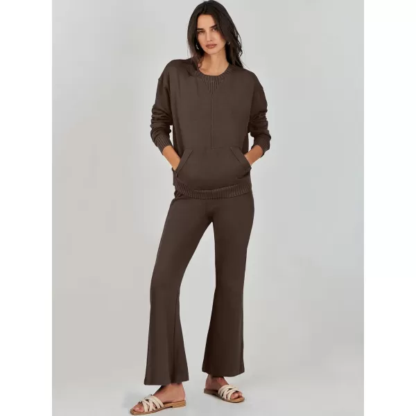 imageANRABESS Women 2 Piece Outfits Lounge Set Long Sleeve Sweatshirt With Pocket Wide Leg Pants matching Sets TracksuitCoffee