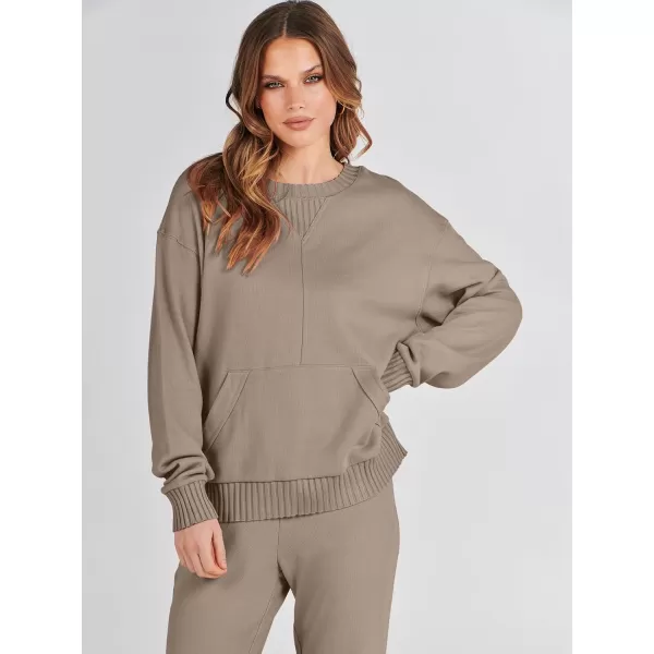 imageANRABESS Women 2 Piece Outfits Lounge Set Long Sleeve Sweatshirt With Pocket Wide Leg Pants matching Sets TracksuitKhaki