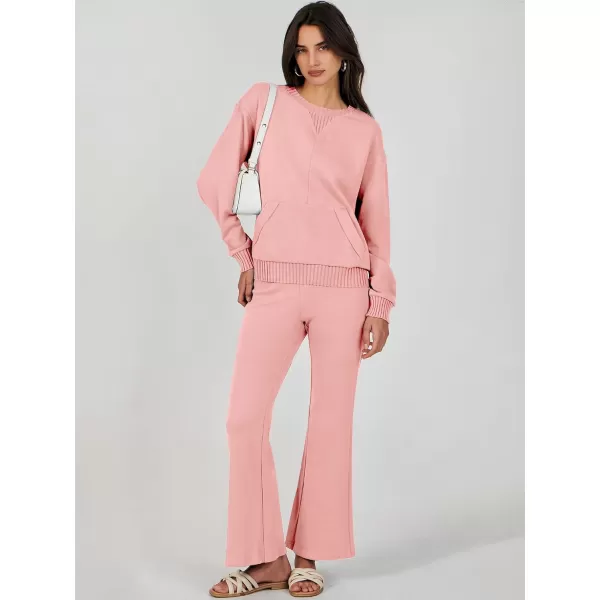 imageANRABESS Women 2 Piece Outfits Lounge Set Long Sleeve Sweatshirt With Pocket Wide Leg Pants matching Sets TracksuitPink