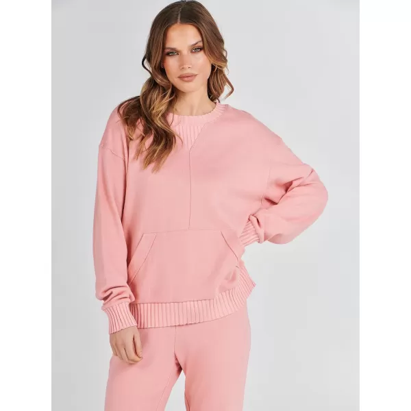 imageANRABESS Women 2 Piece Outfits Lounge Set Long Sleeve Sweatshirt With Pocket Wide Leg Pants matching Sets TracksuitPink