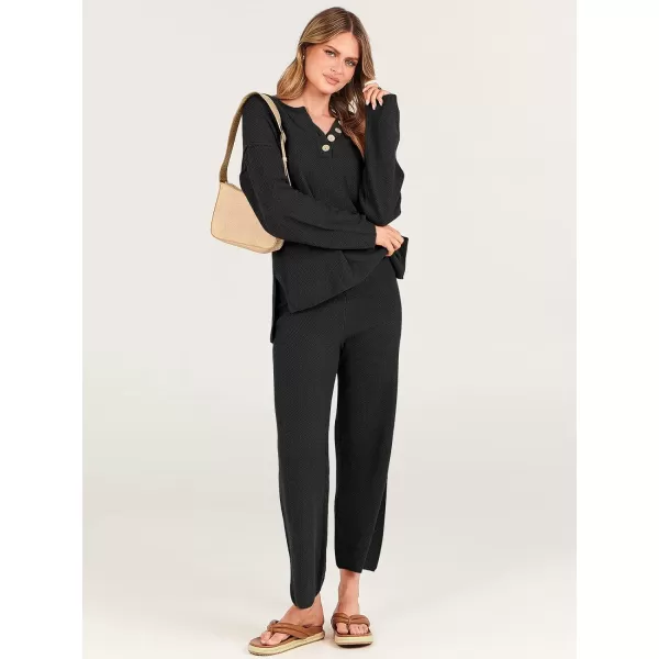 imageANRABESS Women 2 Piece Outfits Oversized Knit Loungewear Loose Slouchy Sweater Set 2023 Fall Trendy Matching Lounge SetsBlack