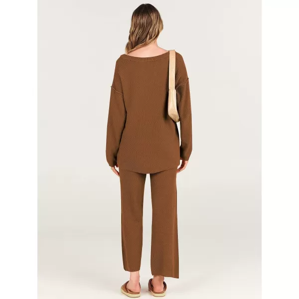 imageANRABESS Women 2 Piece Outfits Oversized Knit Loungewear Loose Slouchy Sweater Set 2023 Fall Trendy Matching Lounge SetsBrown