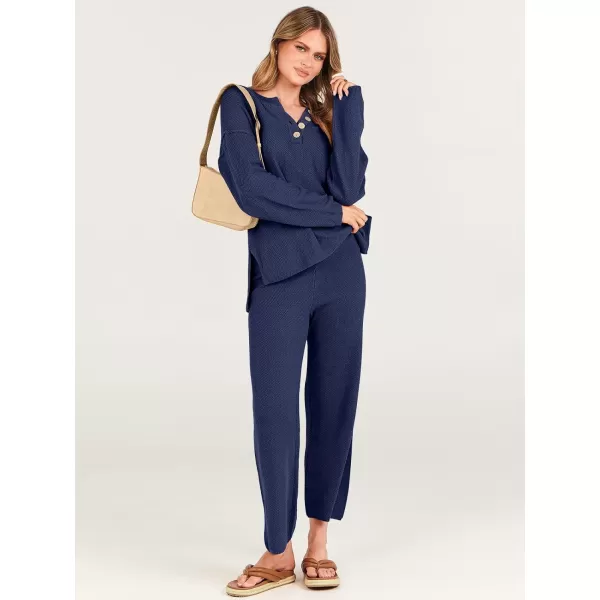imageANRABESS Women 2 Piece Outfits Oversized Knit Loungewear Loose Slouchy Sweater Set 2023 Fall Trendy Matching Lounge SetsNavy Blue