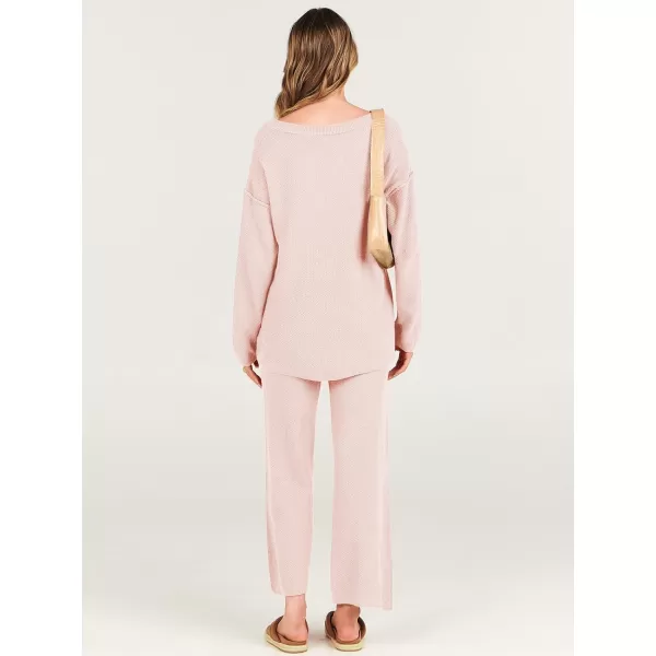 imageANRABESS Women 2 Piece Outfits Oversized Knit Loungewear Loose Slouchy Sweater Set 2023 Fall Trendy Matching Lounge SetsPink