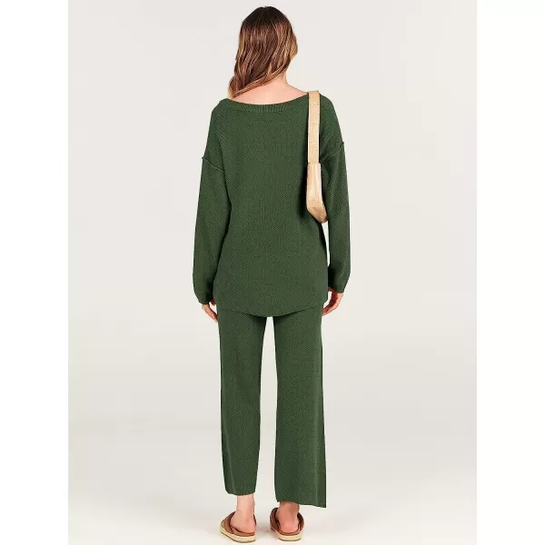 imageANRABESS Women 2 Piece Outfits Oversized Knit Loungewear Sweater Set 2023 Fall Sweatsuit Matching Lounge SetsArmy Green