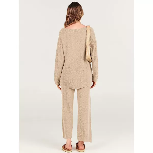 imageANRABESS Women 2 Piece Outfits Oversized Knit Loungewear Sweater Set 2023 Fall Sweatsuit Matching Lounge SetsBeige