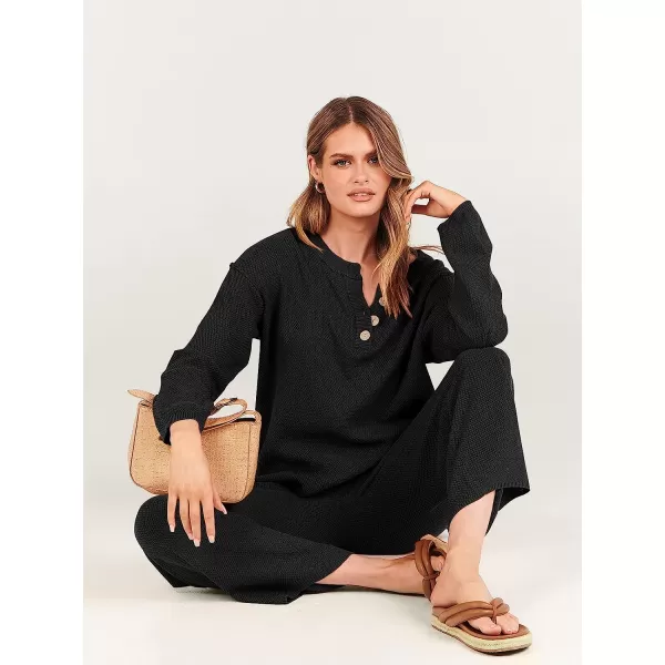 imageANRABESS Women 2 Piece Outfits Oversized Knit Loungewear Sweater Set 2023 Fall Sweatsuit Matching Lounge SetsBlack