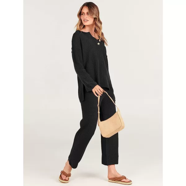 imageANRABESS Women 2 Piece Outfits Oversized Knit Loungewear Sweater Set 2023 Fall Sweatsuit Matching Lounge SetsBlack