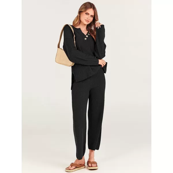 imageANRABESS Women 2 Piece Outfits Oversized Knit Loungewear Sweater Set 2023 Fall Sweatsuit Matching Lounge SetsBlack
