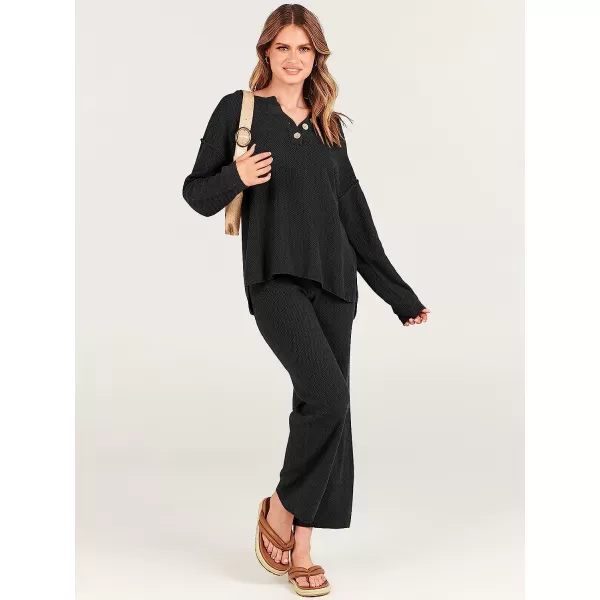 imageANRABESS Women 2 Piece Outfits Oversized Knit Loungewear Sweater Set 2023 Fall Sweatsuit Matching Lounge SetsBlack