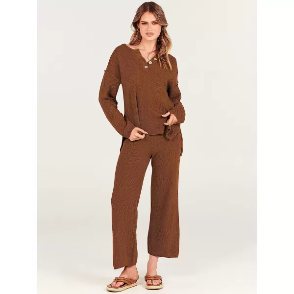 imageANRABESS Women 2 Piece Outfits Oversized Knit Loungewear Sweater Set 2023 Fall Sweatsuit Matching Lounge SetsBrown