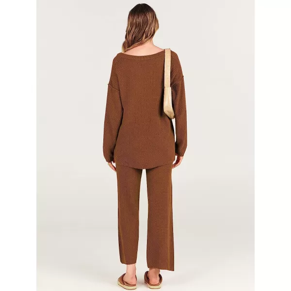 imageANRABESS Women 2 Piece Outfits Oversized Knit Loungewear Sweater Set 2023 Fall Sweatsuit Matching Lounge SetsBrown