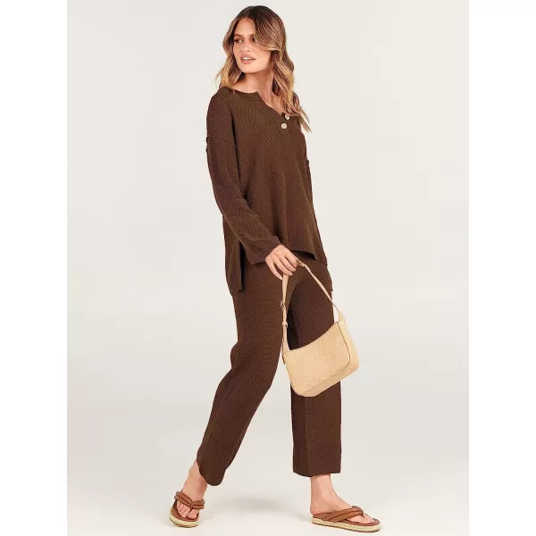 imageANRABESS Women 2 Piece Outfits Oversized Knit Loungewear Sweater Set 2023 Fall Sweatsuit Matching Lounge SetsDeep Brown